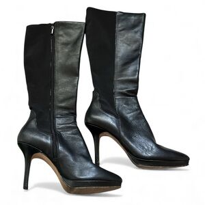 White House Black Market  Black Leather textile knee Womens Boots heels Sz 9 1/2